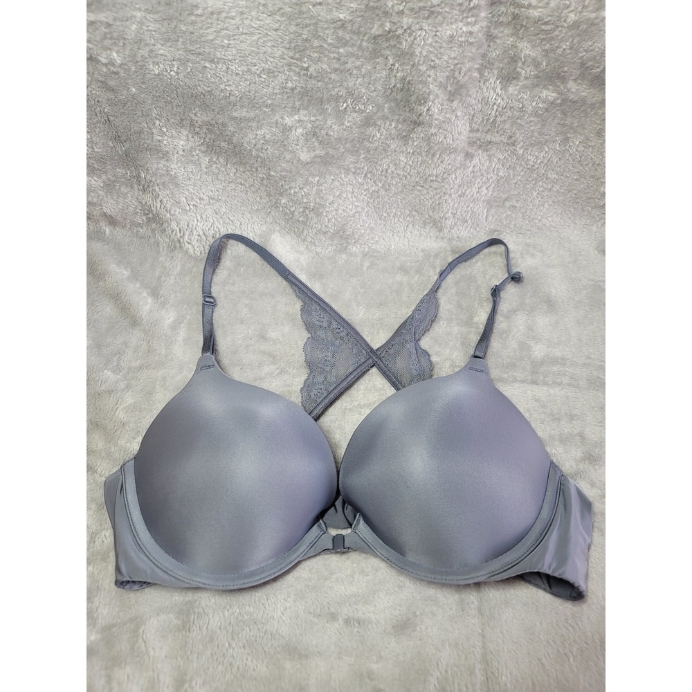 Victorias Secret Gray Lace Racerback Front Close Push-Up Bra 36B Satin Feminine